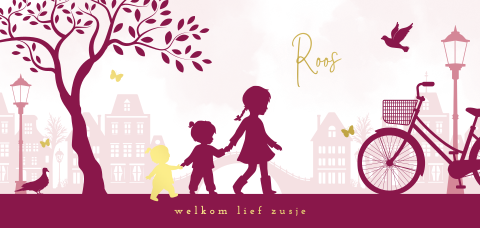 Hollands silhouet geboortekaartje met drie zusjes in stad