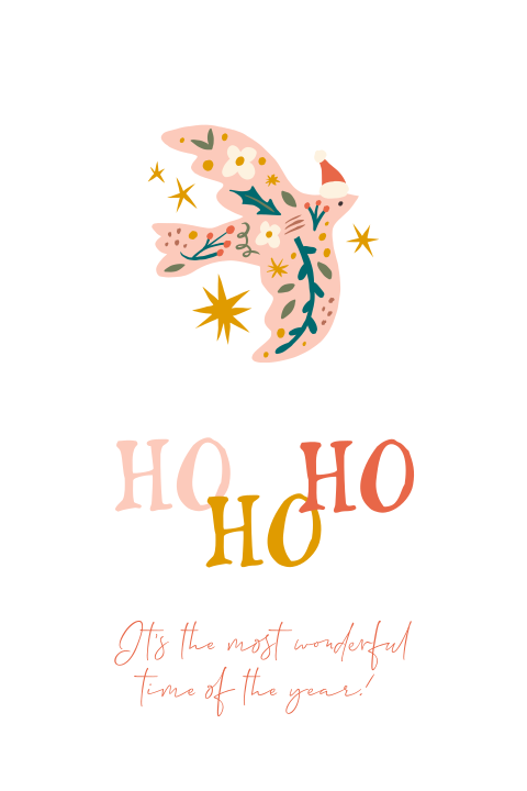 Trendy kerstkaart met kleurrijke vogel en HO HO HO