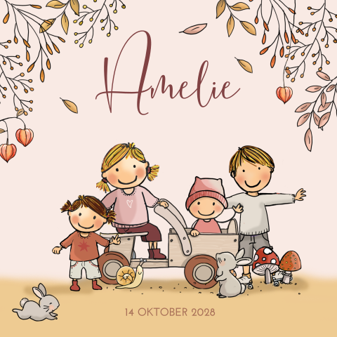 Herfst geboortekaartje 4e kindje en baby meisje in houten kar