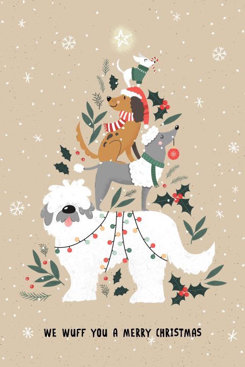 Kerstkaart met honden – We Wuff You a Merry Christmas