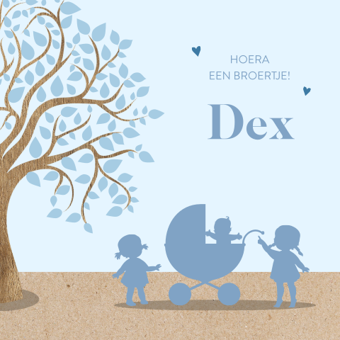 Silhouet geboortekaartje boom en zusjes met baby broertje
