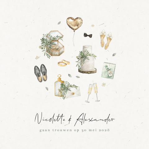 Beige trouwkaart met waterverf illustraties