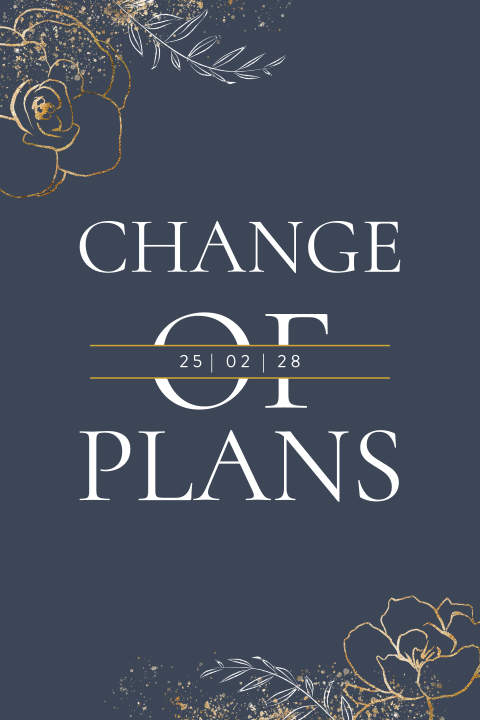 Donkerblauwe change of plans kaart met gouden bloemen
