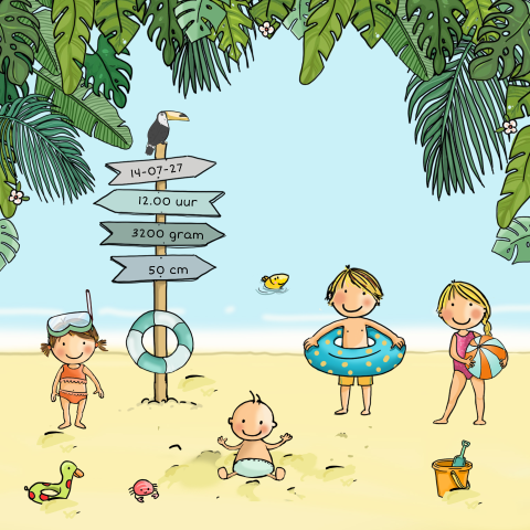 Jongens geboortekaartje met vier kinderen op het strand