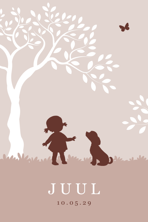 Silhouet geboortekaartje met meisje en hondje bij boom