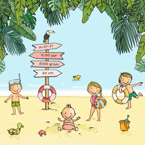 Meisjes geboortekaartje met vier kinderen op het strand