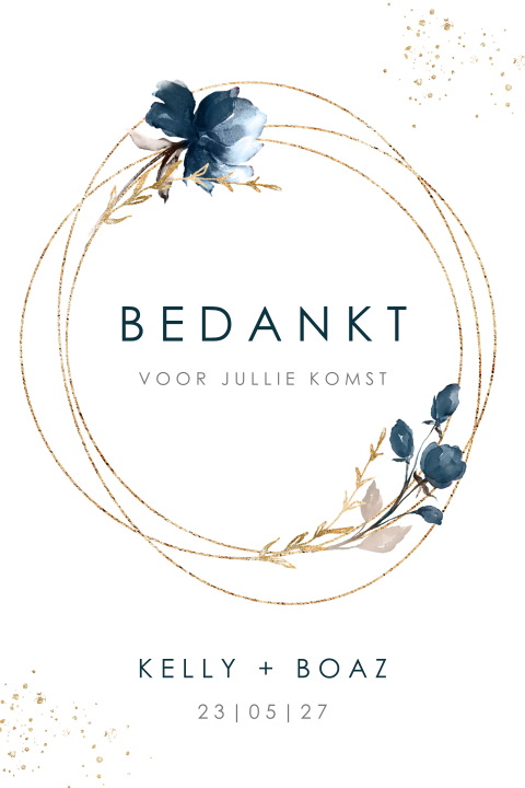 Bedankkaart met gouden cirkel en blauwe bloemen
