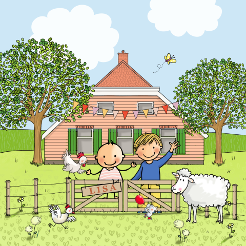 Geboortekaartje boerderij met grote broer en baby zusje