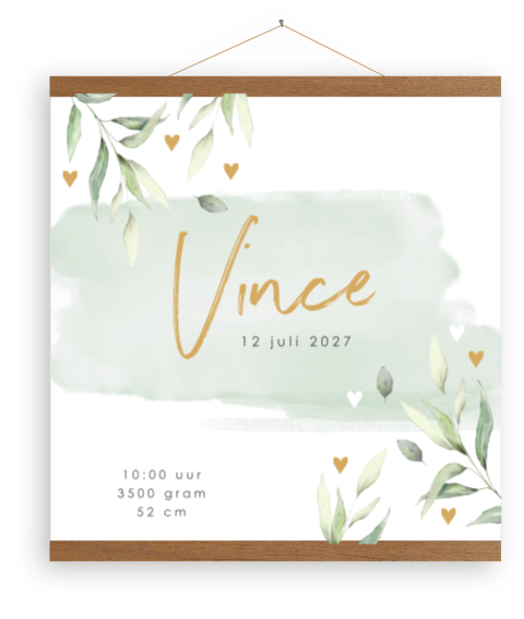 Canvas poster jongen met groene waterverf en blaadjes