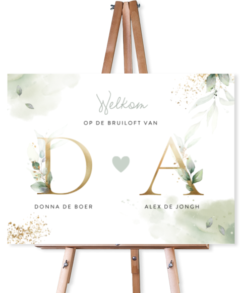 Botanisch welkomstbord met goudkleurige initialen