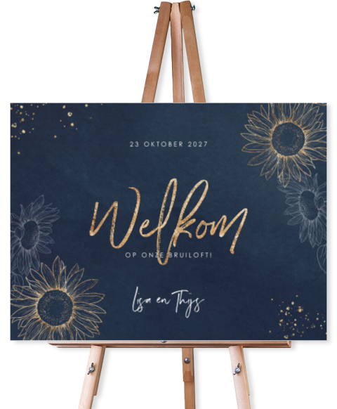 Welkomstbord met donkerblauwe waterverf en zonnebloemen