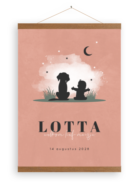 Roze canvas poster met silhouetjes kindje en hond