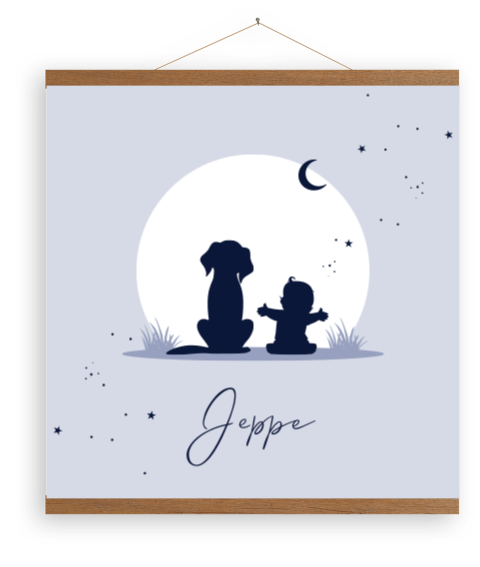 Blauwe canvas poster met silhouet hondje en baby