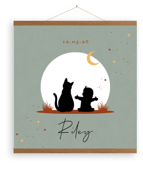 Groene canvas poster met silhouet kindje en kat
