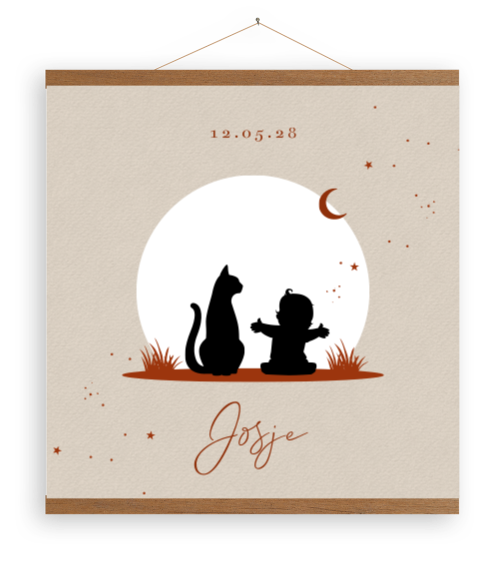 Beige canvas poster met silhouet kindje en poes