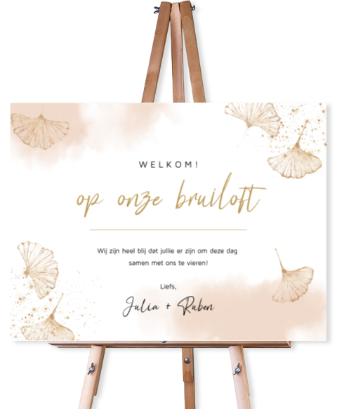 Roze welkomstbord met gouden ginkgo blaadjes