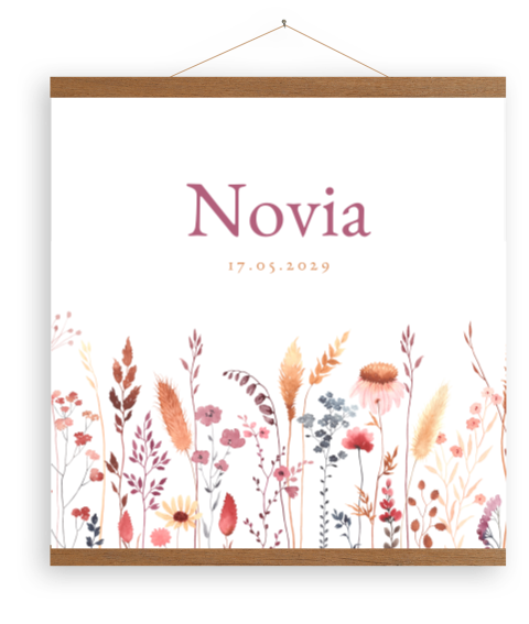 Canvas poster meisje met bloemen in roze en rood
