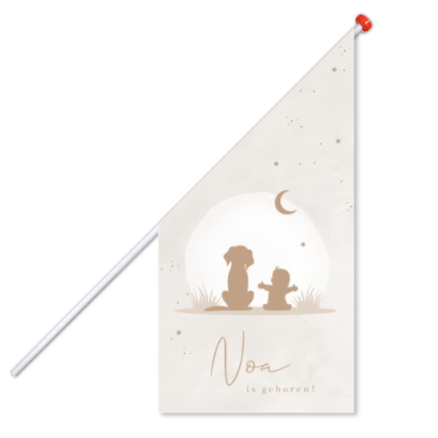 Beige geboortevlag met silhouet kindje en hond