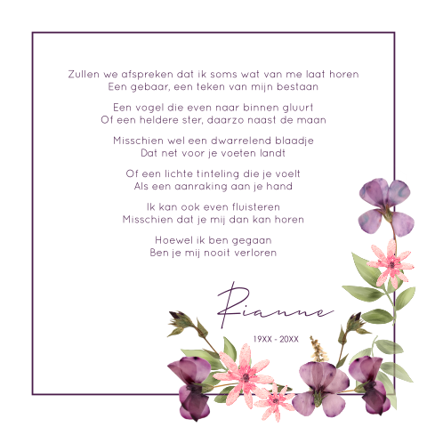Prentje met voorzijde gedicht en op de achterzijde foto
