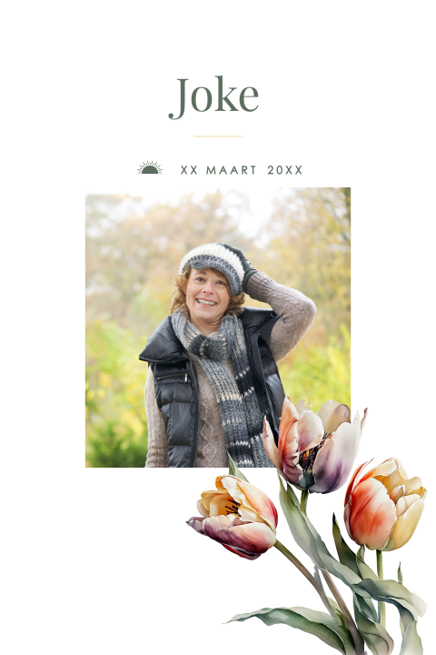 Rouwkaart met persoonlijke foto en voorjaarsbloemen