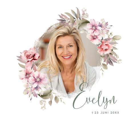 Rouwkaart  vrouw met portretfoto in krans van bloemen