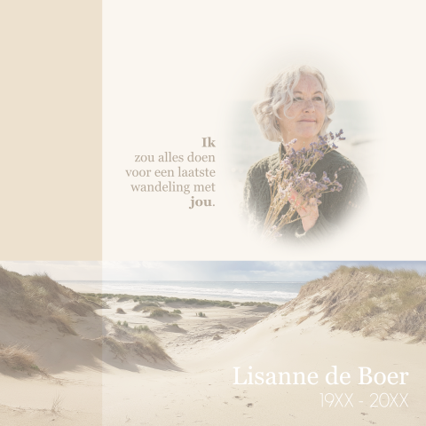 Rouwkaart zee duinen met inzet van portretfoto