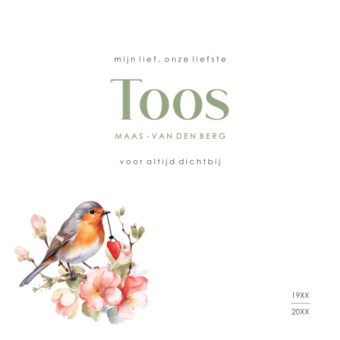 Vierkante rouwkaart met roodborstje en bloesemillustratie