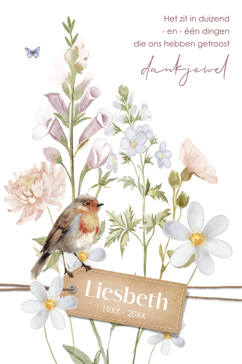 Bedankkaart met bloemen en roodborstje