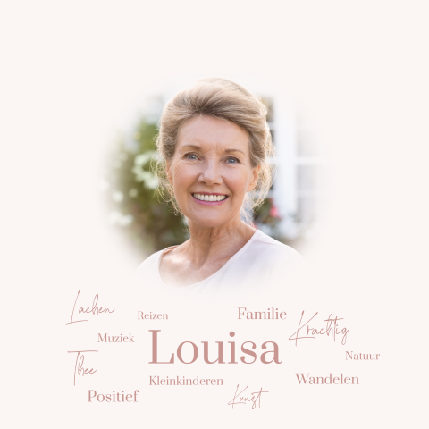 Rouwkaart vrouw met foto en vormgeving wordcloud
