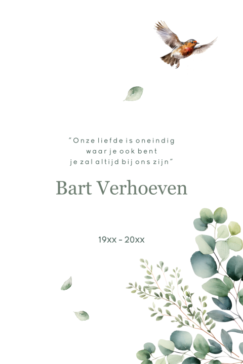 Rouwkaart botanisch modern met roodborstje