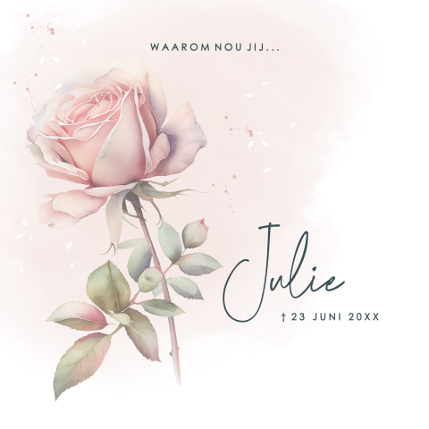 Rouwkaart met roze roos en zachte aquarel