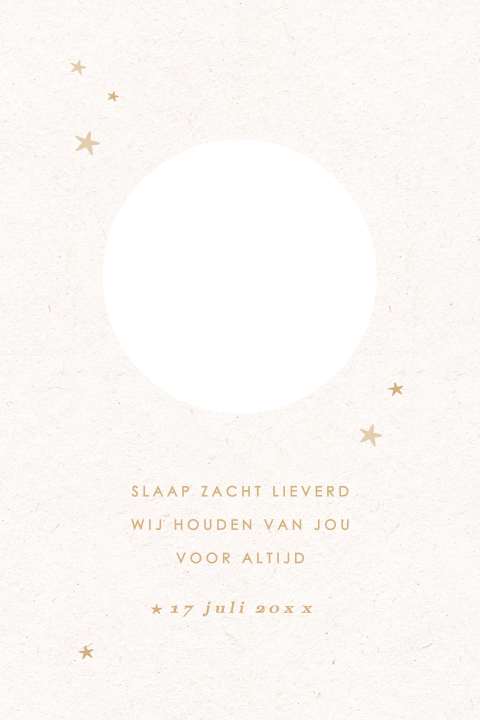 Baby rouwkaart met sterren en de naam in een stansvorm