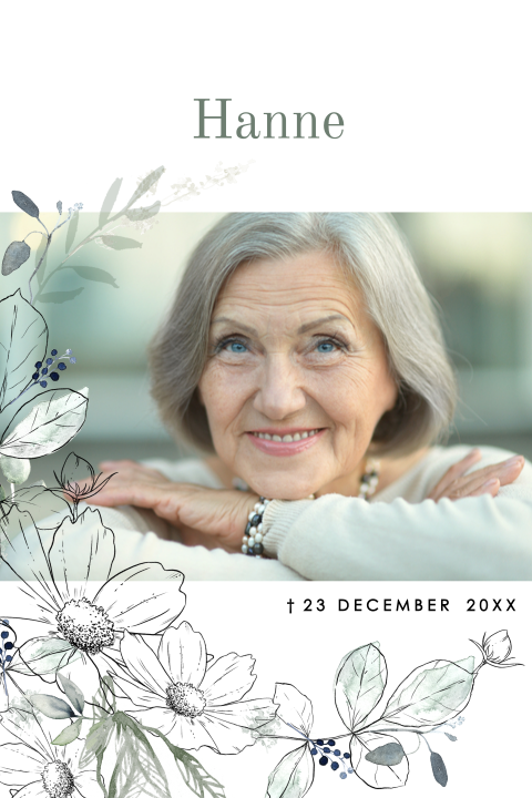 Rouwkaart vrouw met foto en bloemen in zachte tinten groen