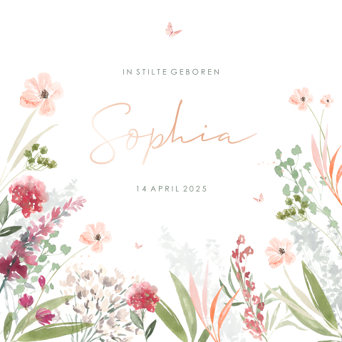 Baby rouwkaart meisje met veldbloemen in roze tinten