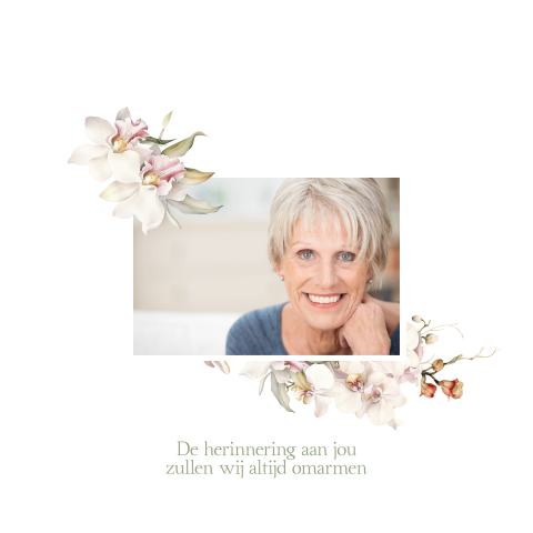 Modern gedachtenisprentje met foto en witte orchidee