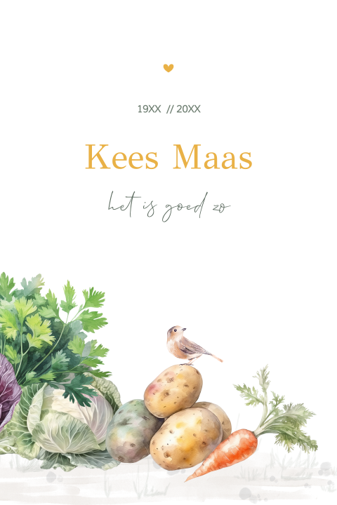 Rouwkaart met symbolische illustratie van oogst en natuur