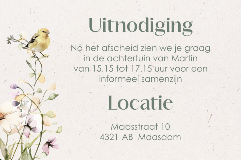 Uitnodiging rouw samenzijn met bloemen en vogeltje | DAGLIEF