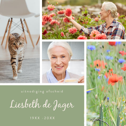 Persoonlijke rouwkaart met fotocollage en natuurtinten