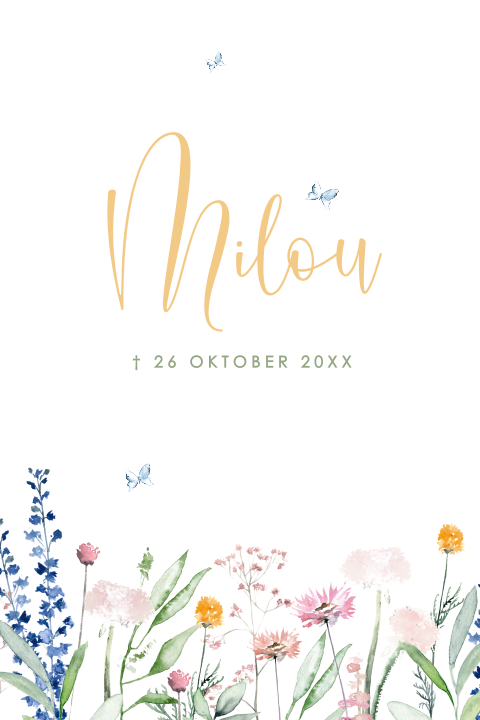 Rouwkaart kind met vlinders en veldbloemen in kleur.
