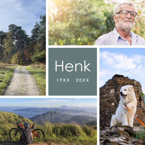 Rouwkaart man met collage van foto's uit het leven