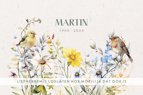 Rouwkaart man met veldbloemen en vogels – natuur en rust