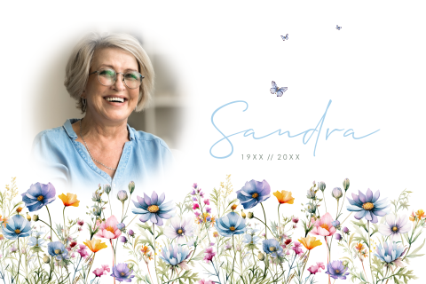 Rouwkaart mama met veldbloemen en vlinders in pastelkleuren