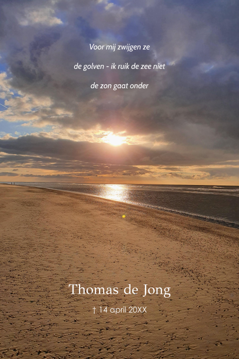Rouwkaart strand en zee met ondergaande zon