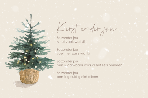 Kerstkaart met lichtjes en boom deze kerst zonder jou