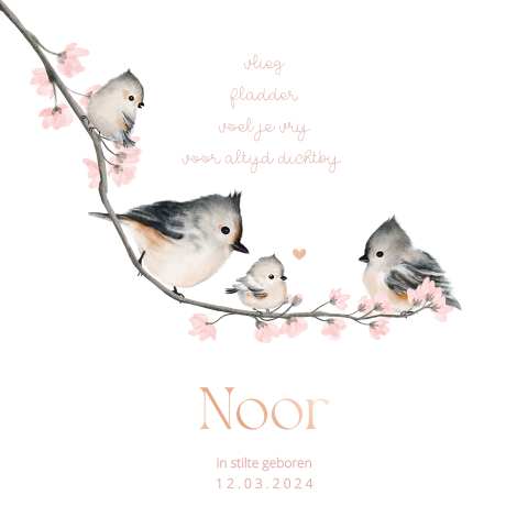 Lief baby rouwkaartje met illustratie van vogeltje