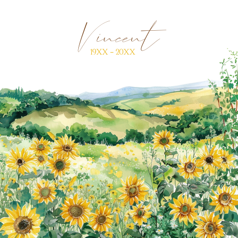 Rouwkaart met zonnebloemlandschap in aquarelstijl