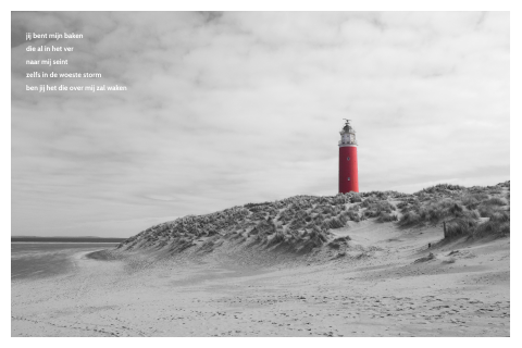 Rouwkaart met foto strand en vuurtoren - zwart-wit