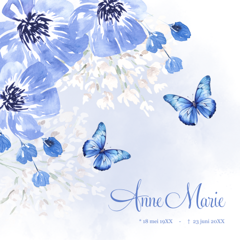 Rouwkaart met vlinders bloemen blauw