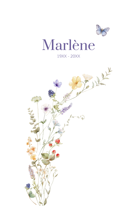 Rouwkaart met illustratie van boerenbloemen met vlinder