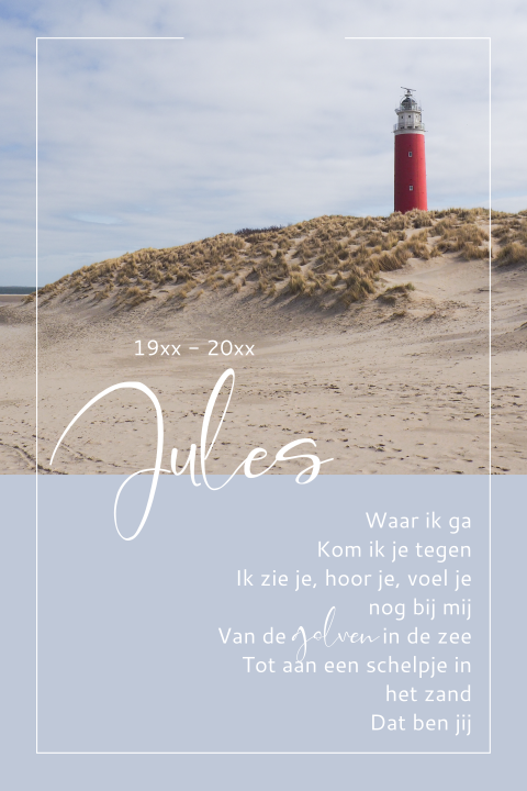 Rouwkaart met strand en vuurtoren en een troostrijk gedicht
